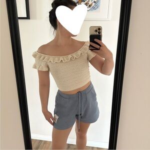 Cotton Blend Crochet Ruffle Crop Top